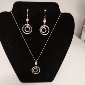 Silver and Gold Double Ring Necklace and Earrings. 11.5 in. long.